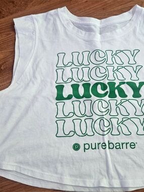 Pure Barre 'Lucky' White Cropped Tank with Green Graphic